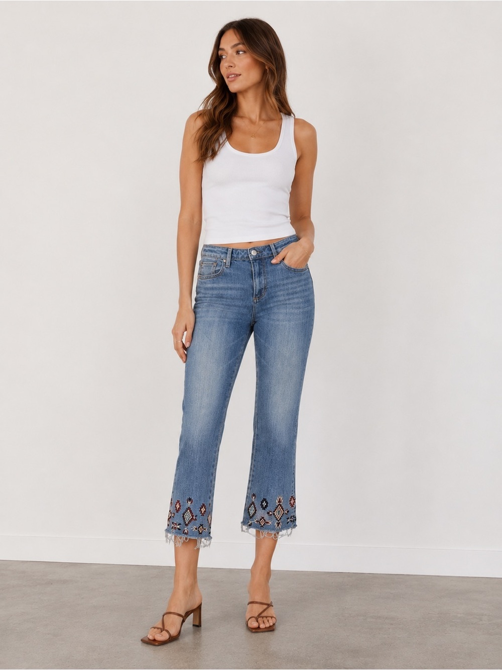 Driftwood Colette Embroidered Raw Hem Cuff Crop Jeans Boho Western Denim Size 28